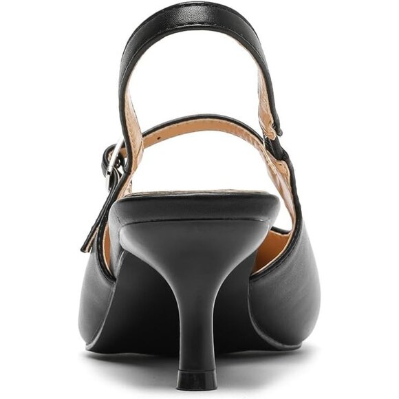Amoji Women's Black Closed Pointed Toe Kitten Slingback Low Heel Pumps For Party - Picture 3 of 8